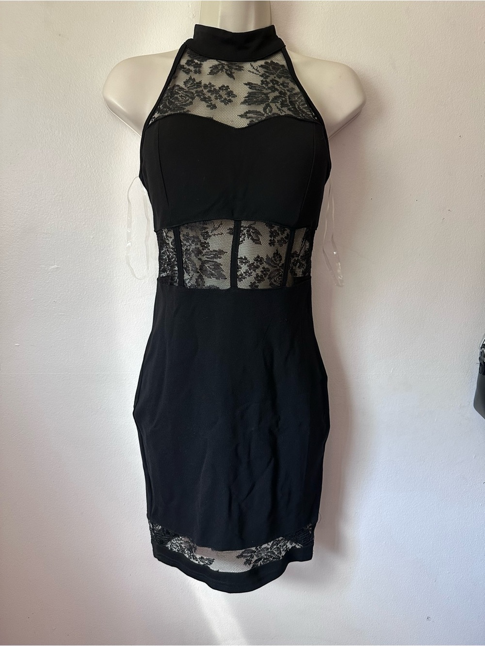 Black Lace-Panel Halter Bodycon Dress